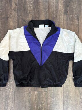 Vintage Reebok Windbreaker Jacket Women's Size Large Zip Purple Black White 90s